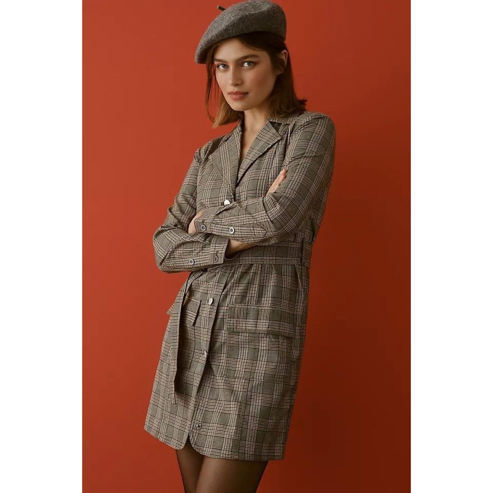 Pilcro Longline Blazer Sz XL Brown Plaid Button Front Blazer Dress or Jacket